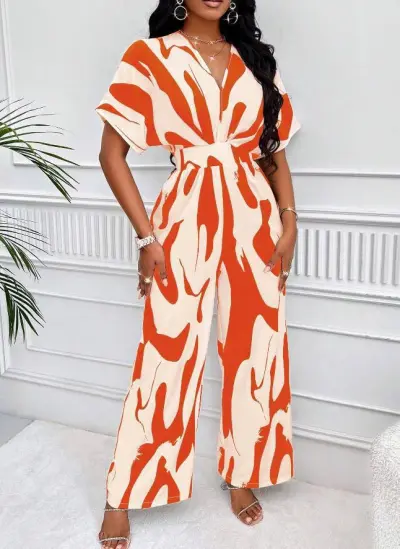 Summer Women Fashion Graphic Printing V-Neck Short Sleeve Wide Leg Jumpsuits