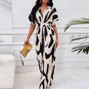 Summer Women Fashion Graphic Printing V-Neck Short Sleeve Wide Leg Jumpsuits