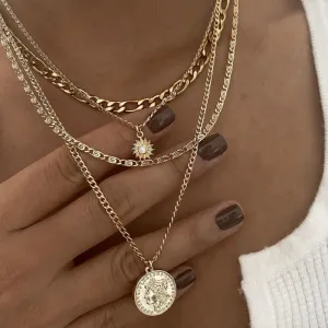 Women Fashion Creative Punk Figure Coin Pendant Metal Exaggerated Thick Chain Multi-Layer Necklace