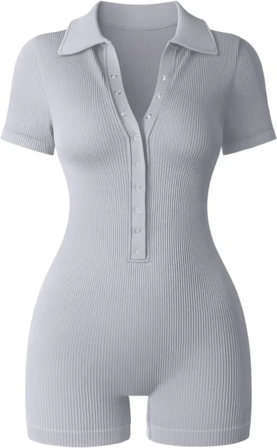 Athleisure Women Yoga Sports Rib-Knit V-Neck Stretch Waist Short Sleeve Rompers