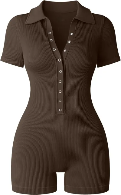 Athleisure Women Yoga Sports Rib-Knit V-Neck Stretch Waist Short Sleeve Rompers