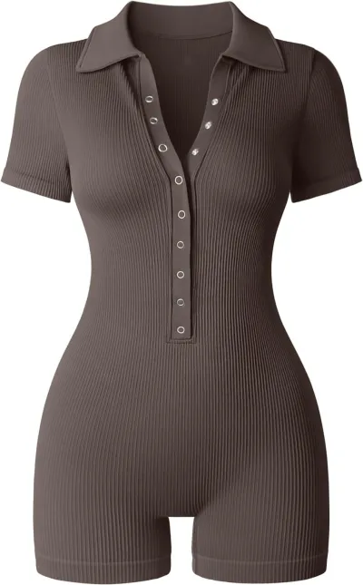 Athleisure Women Yoga Sports Rib-Knit V-Neck Stretch Waist Short Sleeve Rompers