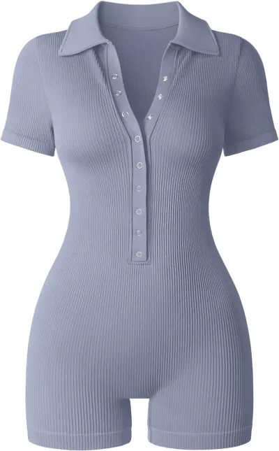 Athleisure Women Yoga Sports Rib-Knit V-Neck Stretch Waist Short Sleeve Rompers
