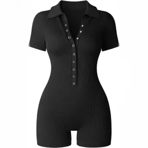 Athleisure Women Yoga Sports Rib-Knit V-Neck Stretch Waist Short Sleeve Rompers