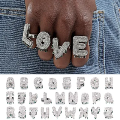 Personalized Alphabet Letter Rhinestone-Encrusted Water Drop Hip-Hop Ring
