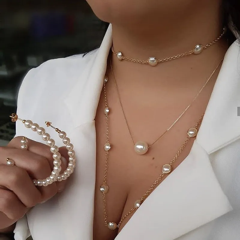 Women Elegant Wedding Evening Pearl Multi-Layer Wear Fashion Clavicle Chain Necklace
