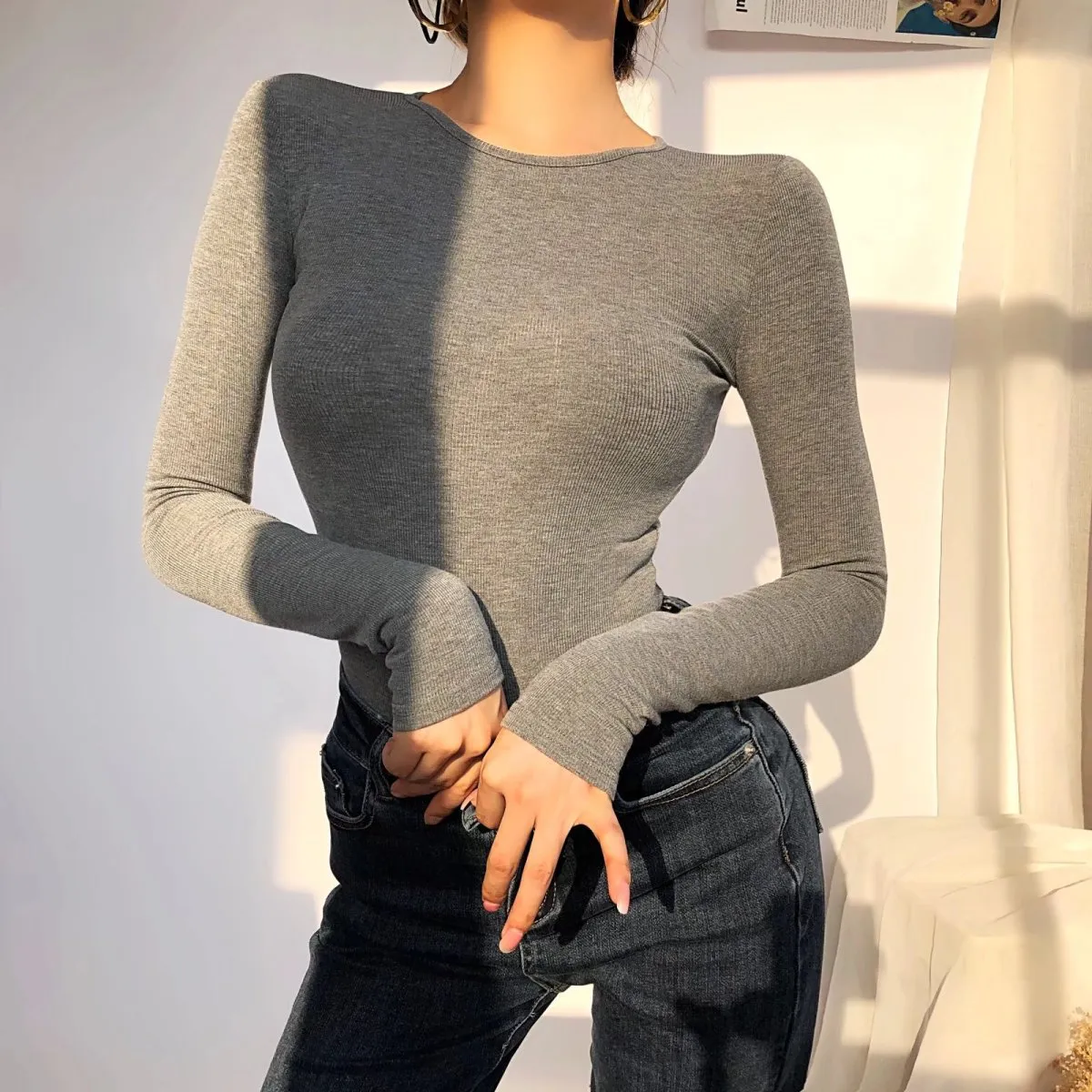 Women Fleece-Lined Warm Long Sleeve Bodysuit Street Hipster Solid Color