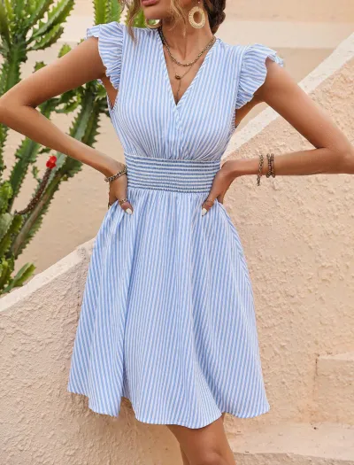 Women Fashion Stripe Print Ruffled Sleeve A-Line Dress
