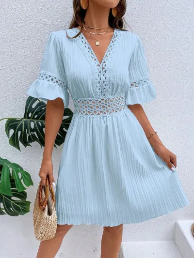 Women Fashion Solid Color Hollow V-Neck Dress