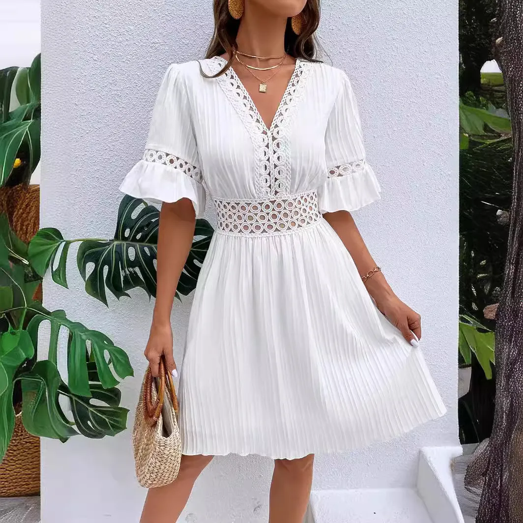 Women Fashion Solid Color Hollow V-Neck Dress