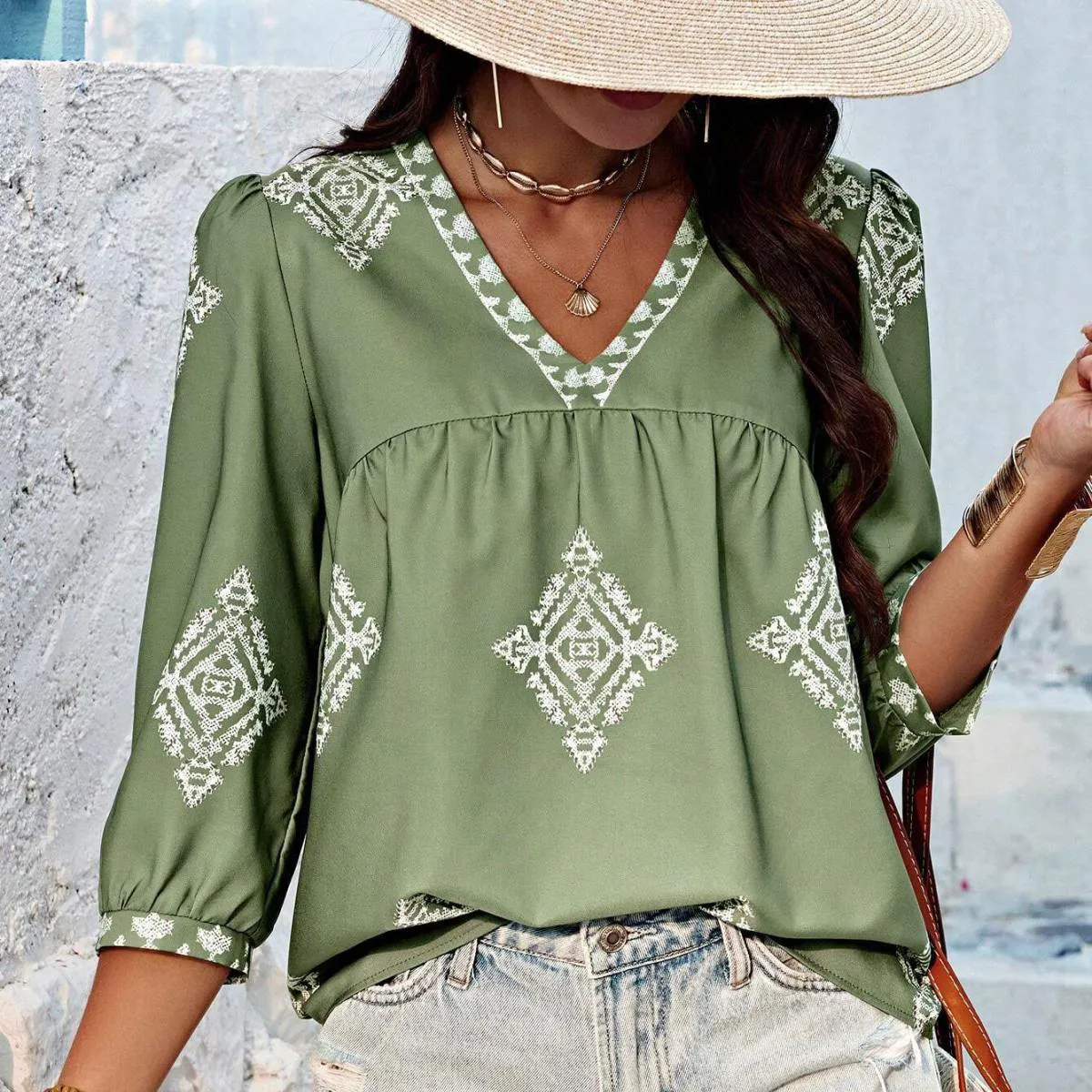 Women Fashion Printed V-Neck Blouses Pullover