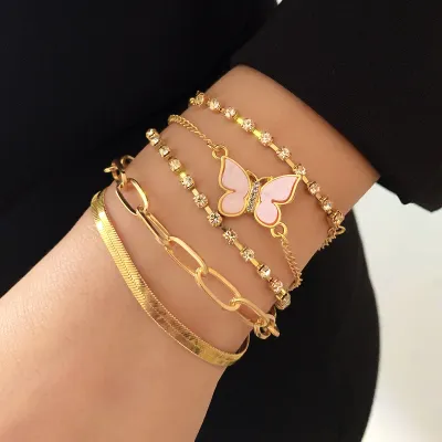Women Fashion Claw Chain Butterfly Snake Bone Sequin Bracelet Set