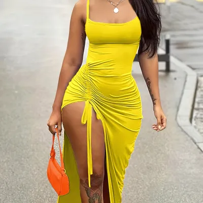 Women Summer Sexy Backless Side-Slit Drawstring Slim-Fit Solid Color Sling Dress