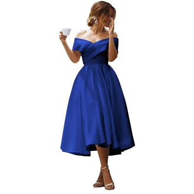 Women Elegant Solid Color Off-Shoulder Midi Party Dress