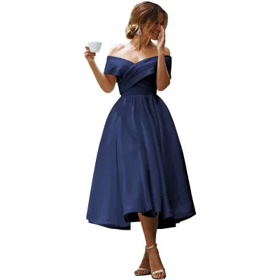 Women Elegant Solid Color Off-Shoulder Midi Party Dress