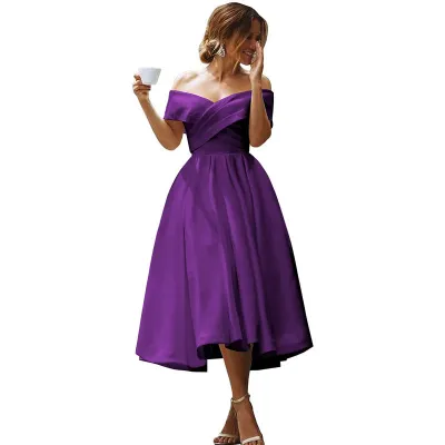 Women Elegant Solid Color Off-Shoulder Midi Party Dress