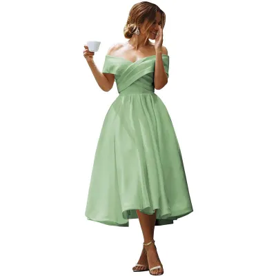 Women Elegant Solid Color Off-Shoulder Midi Party Dress