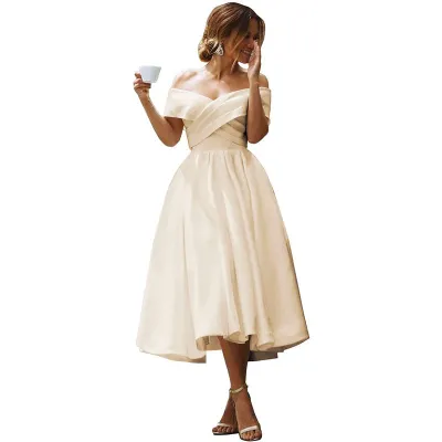 Women Elegant Solid Color Off-Shoulder Midi Party Dress