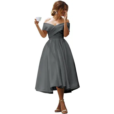 Women Elegant Solid Color Off-Shoulder Midi Party Dress
