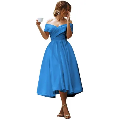 Women Elegant Solid Color Off-Shoulder Midi Party Dress