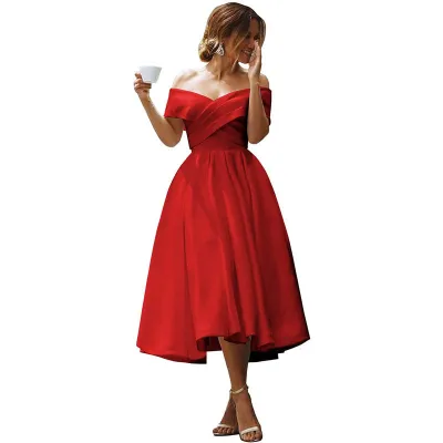 Women Elegant Solid Color Off-Shoulder Midi Party Dress