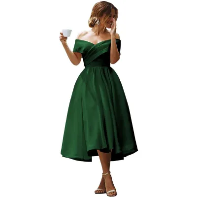 Women Elegant Solid Color Off-Shoulder Midi Party Dress