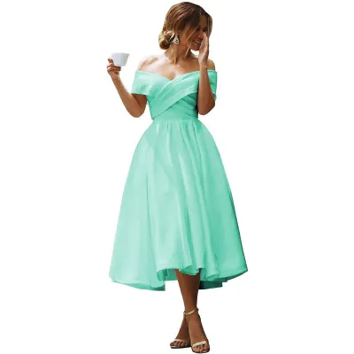 Women Elegant Solid Color Off-Shoulder Midi Party Dress