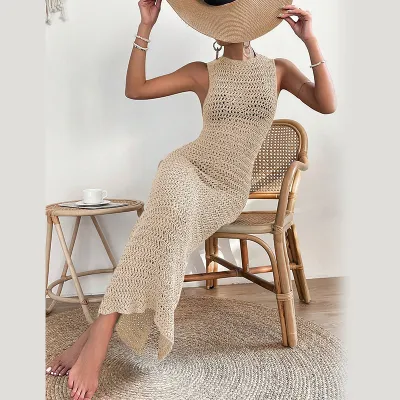 Women Sexy Solid Color Knit Hollow Beach Maxi Dress