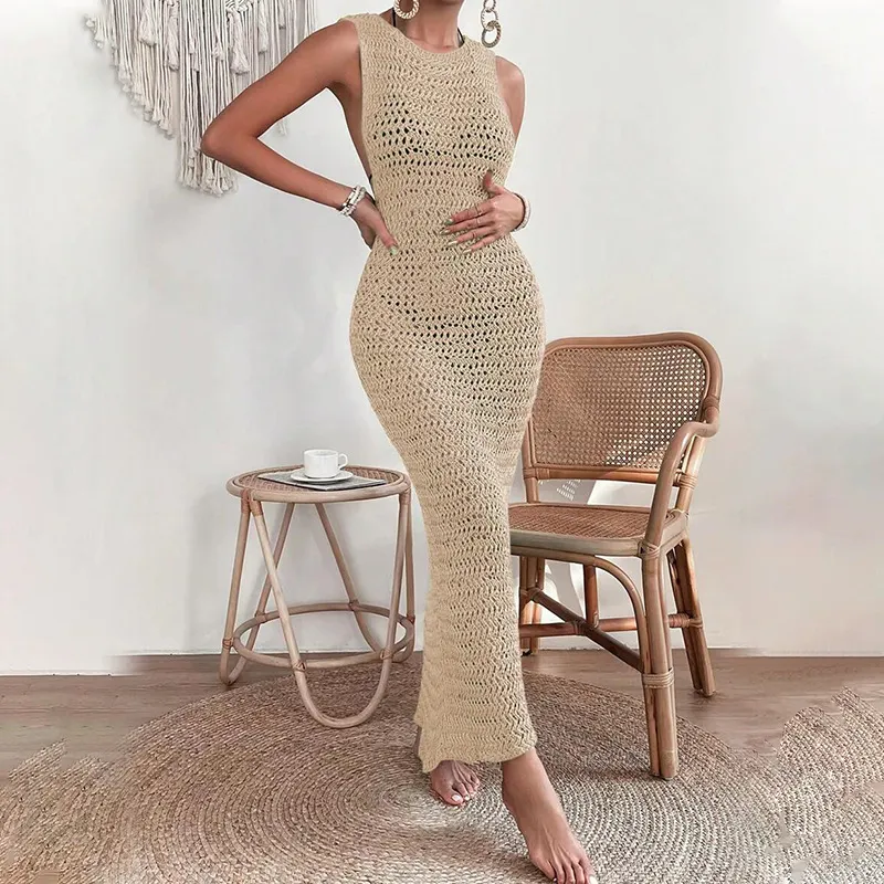Women Sexy Solid Color Knit Hollow Beach Maxi Dress
