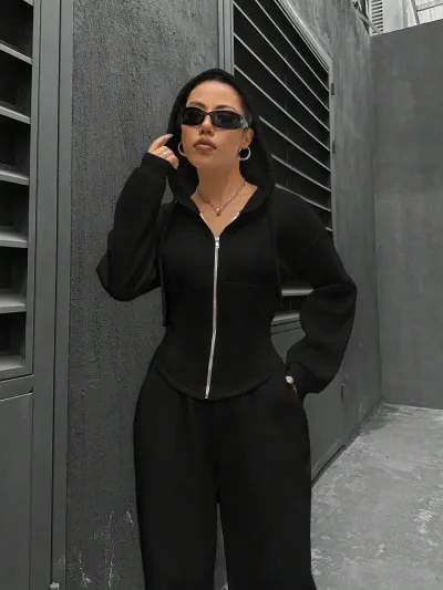 Athleisure Women Fashion Solid Color Zip Hoodie And Pants Two-Piece Set