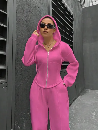 Athleisure Women Fashion Solid Color Zip Hoodie And Pants Two-Piece Set