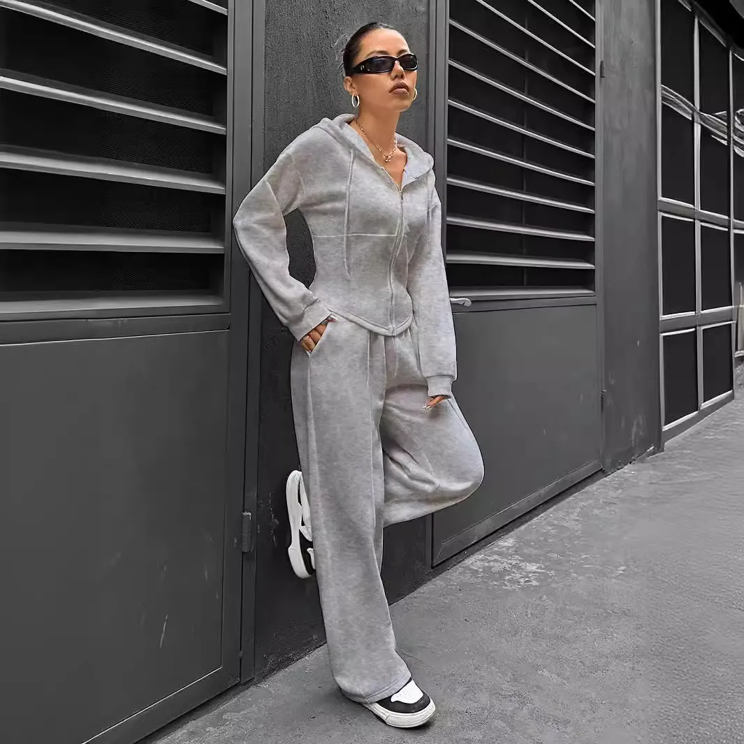 Athleisure Women Fashion Solid Color Zip Hoodie And Pants Two-Piece Set