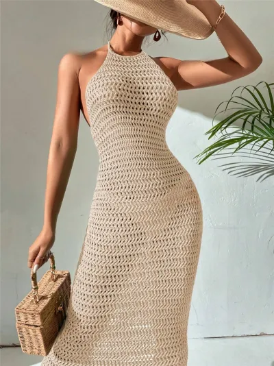 Women Fashion Sexy Solid Color Hanging Neck Backless Knitted Hollow Maxi Dress
