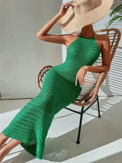 Women Fashion Sexy Solid Color Hanging Neck Backless Knitted Hollow Maxi Dress