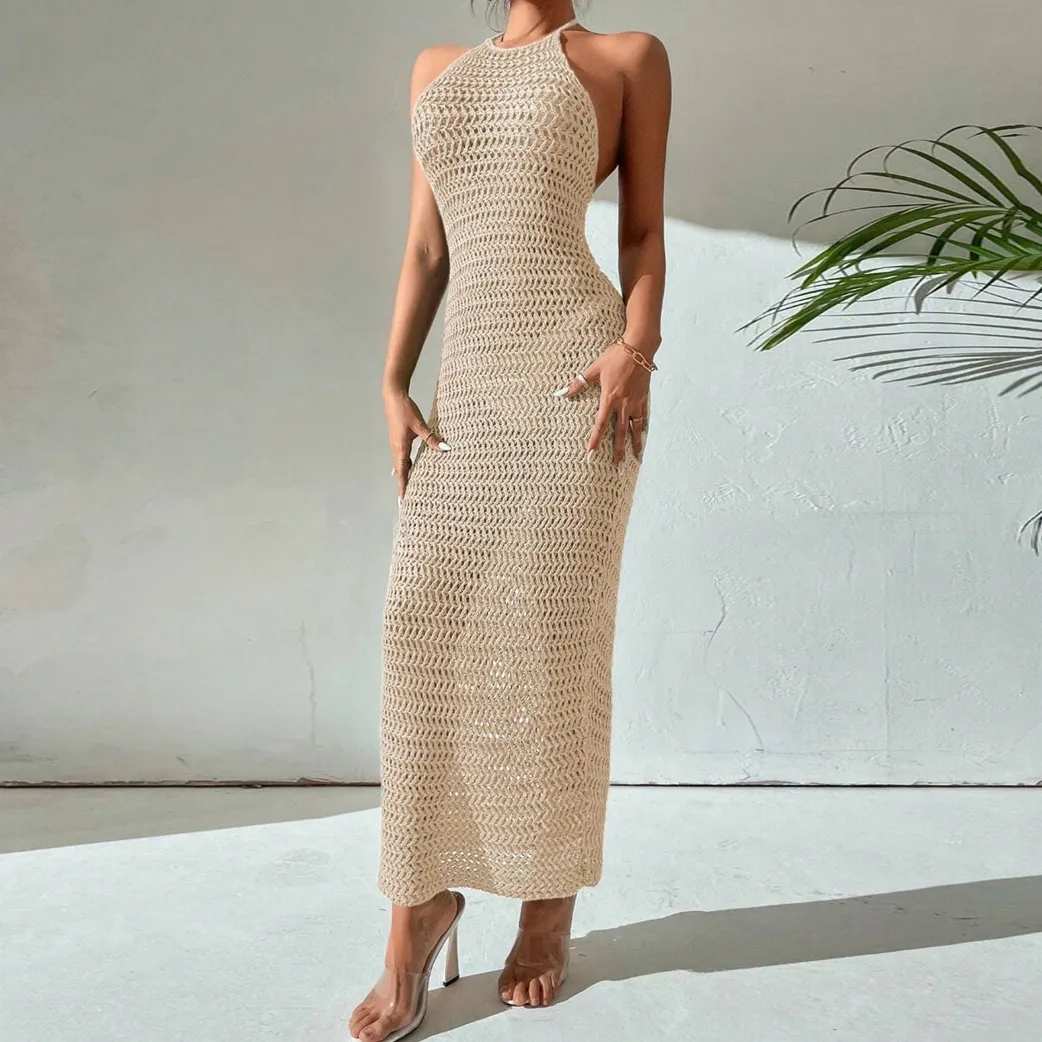 Women Fashion Sexy Solid Color Hanging Neck Backless Knitted Hollow Maxi Dress