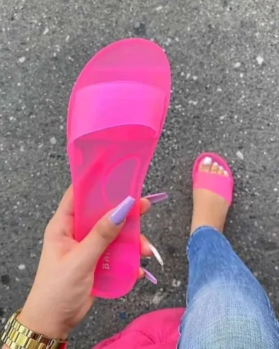 Women Fashion Solid Color Transparent Flat PVC Slippers