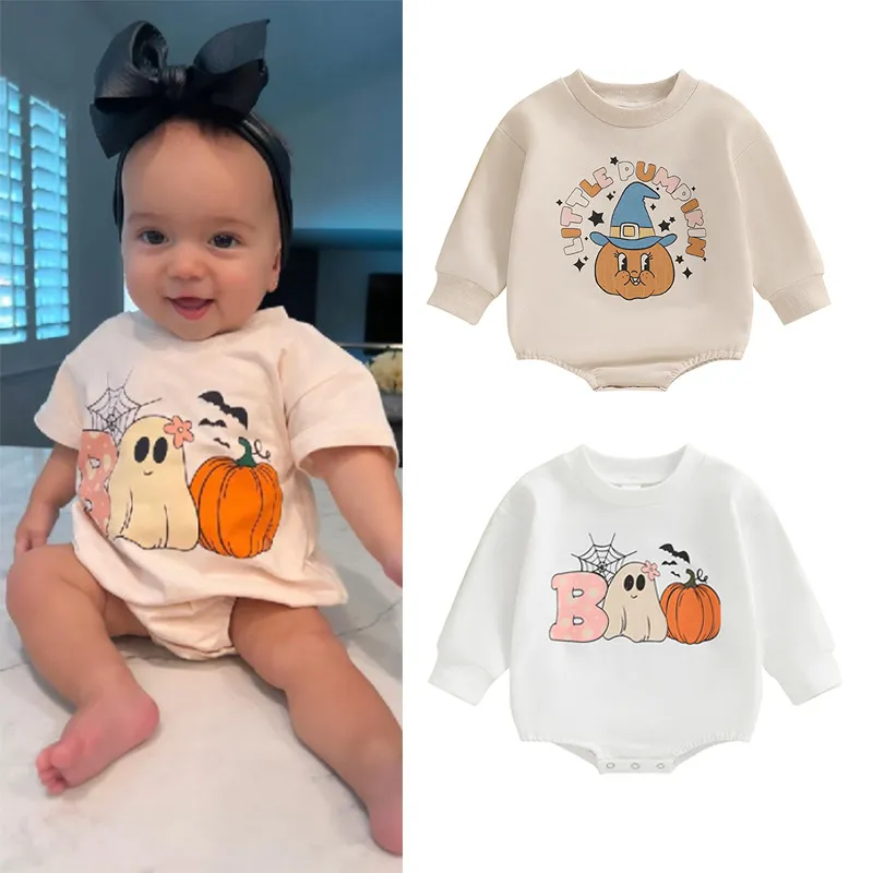 Kids Baby Boys Girls Cute Halloween Pumpkin Print Long Sleeve Romper