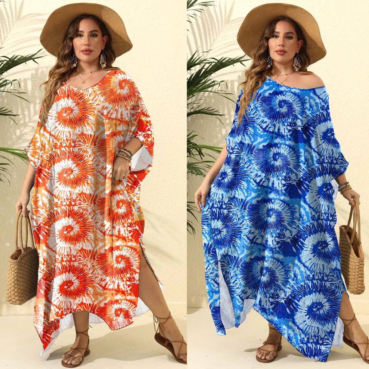 Women Plus Size Swirl Fireworks Print Beach Bright Swimsuit Cover-Up Loose Long Dress