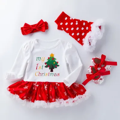Kids Baby Girl Casual Christmas Cartoon Pattern Long Sleeve Dress Romper Set