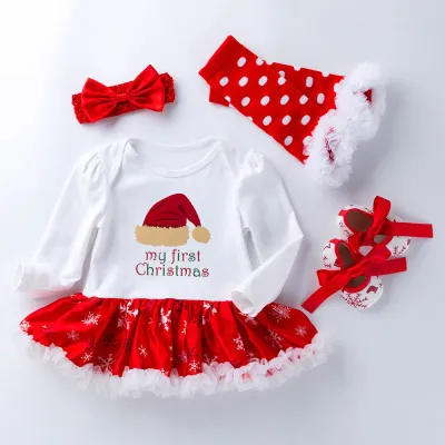 Kids Baby Girl Casual Christmas Cartoon Pattern Long Sleeve Dress Romper Set