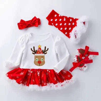 Kids Baby Girl Casual Christmas Cartoon Pattern Long Sleeve Dress Romper Set