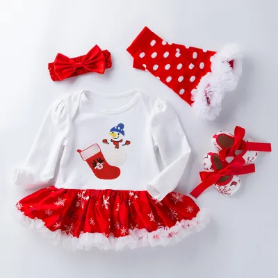 Kids Baby Girl Casual Christmas Cartoon Pattern Long Sleeve Dress Romper Set