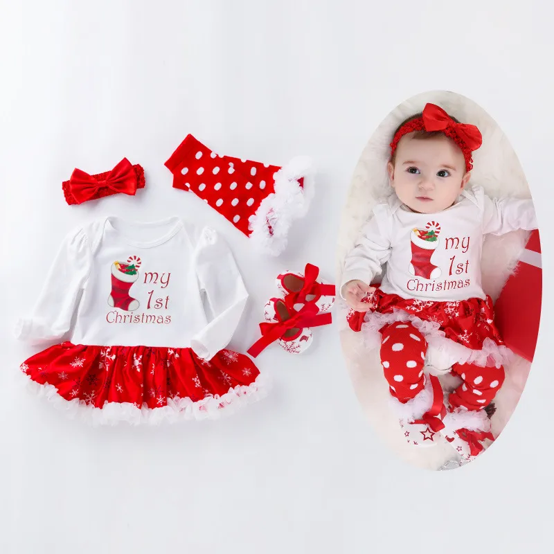 Kids Baby Girl Casual Christmas Cartoon Pattern Long Sleeve Dress Romper Set