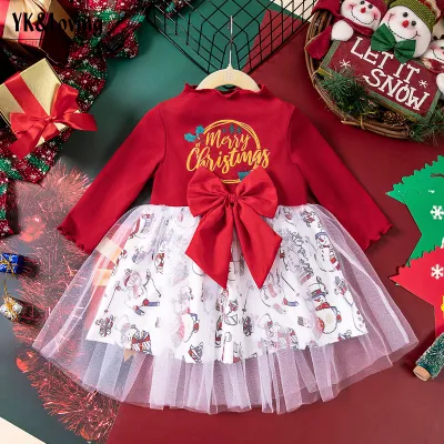 Kids Toddler Girls Casual Cute Christmas Letter Bow Long Sleeve Mesh Dress