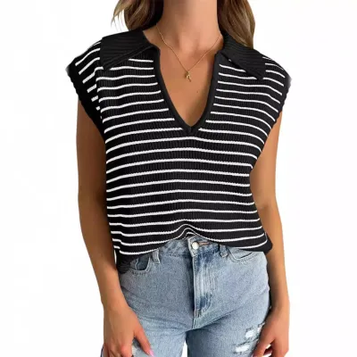 Summer Women V-Neck Stripe Knitted Top