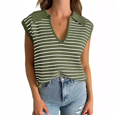 Summer Women V-Neck Stripe Knitted Top