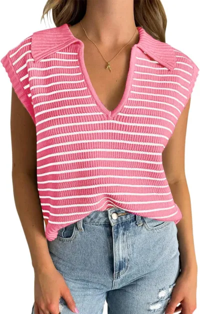 Summer Women V-Neck Stripe Knitted Top