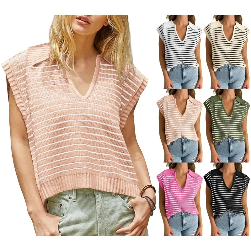 Summer Women V-Neck Stripe Knitted Top