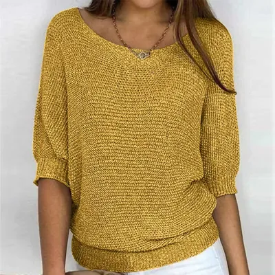 Summer Women Casual Solid Color Round Neck Knit Top Lantern Sleeve Pullover