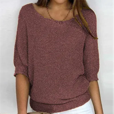 Summer Women Casual Solid Color Round Neck Knit Top Lantern Sleeve Pullover